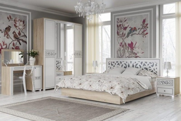 Спальный Гарнитур "Мадлен"  МДФ/Дуб Сонома+Ясень белый Эмаль + Ф/п - Серебро